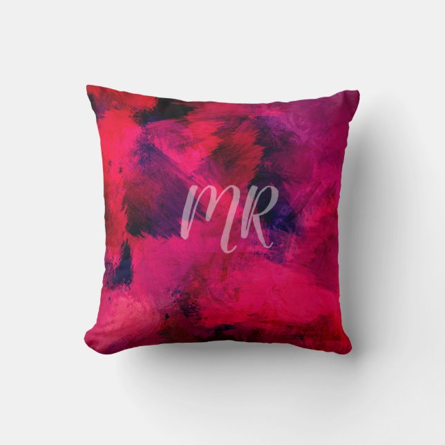Rosa Röd Lila Akvarell Abstrakt Monogram Kudde (Framsida)
