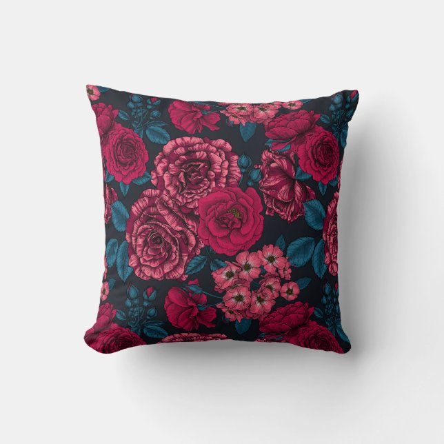 Rosa, röd och färg ro med blå löv på b kudde (Framsida)