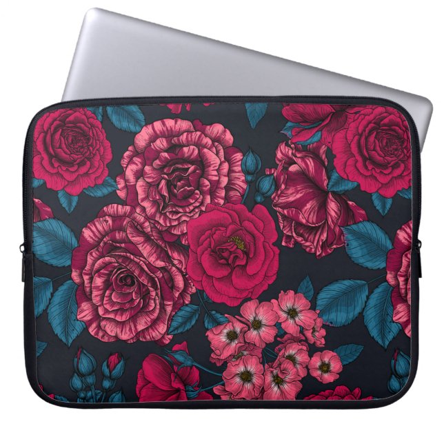 Rosa, röd och färg ro med blå löv på b laptop fodral (Framsidan)