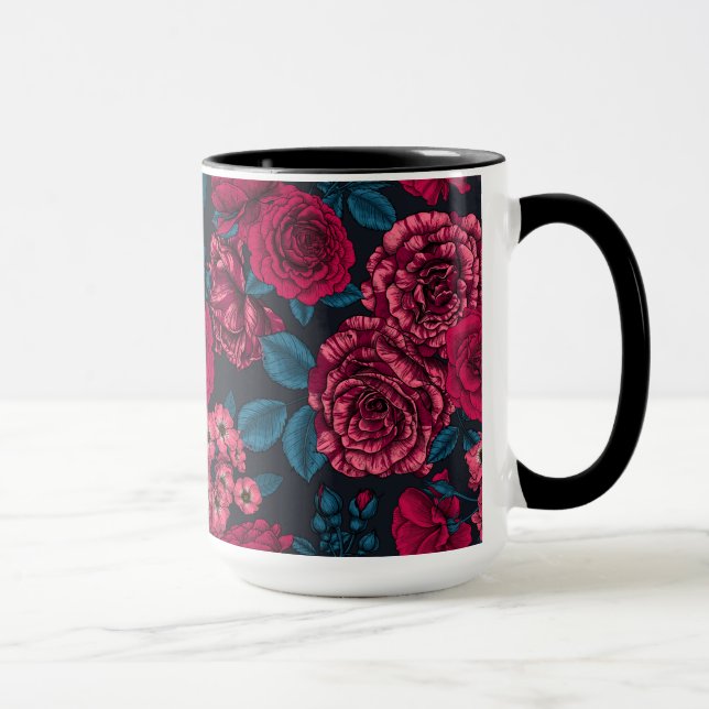 Rosa, röd och färg ro med blå löv på b mugg (Höger)