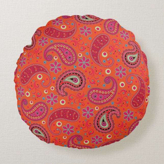 rosa röd orange paisley mönster,boho paisley rund kudde (Framsidan)
