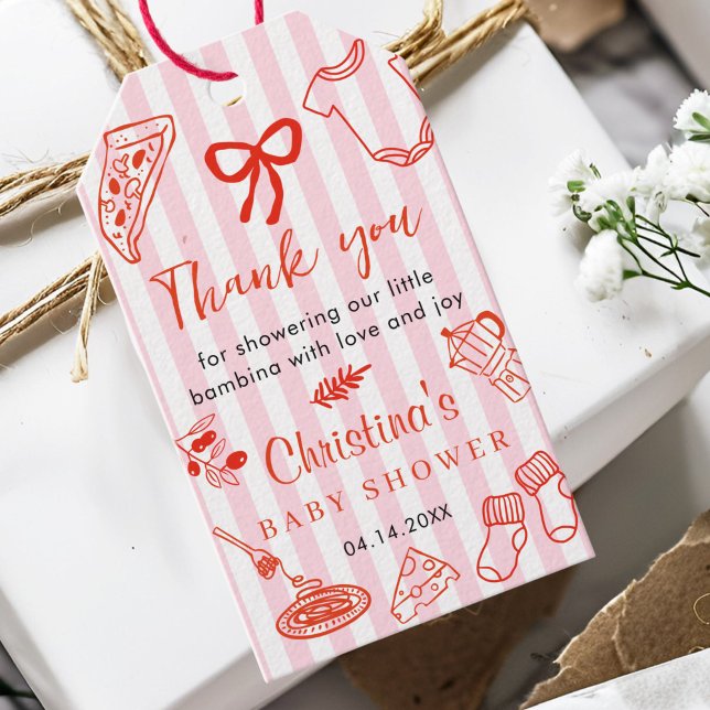 Rosa & Röd Pizza Baby Shower Tacksamhetspresenteti Presentetikett (Red and pink Italy Mediterranean Food Baby Shower thank you Gift Tag)