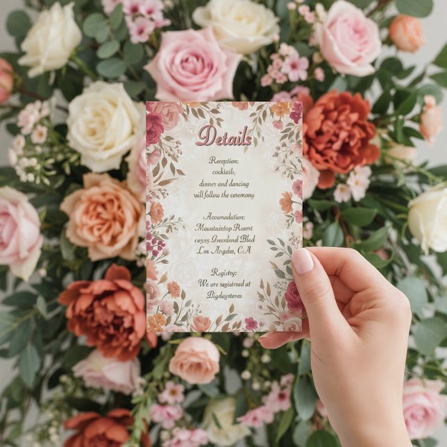 Rosa & Röd Romantisk Vårblomma QR-kod Bröllop Tilläggskort (Front view pink red watercolor floral victorian vintage spring garden wedding details card)
