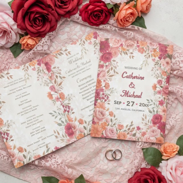 rosa & röd romantisk vårbröllop program (Top view of pink red orange watercolor floral spring wedding program)