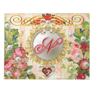 Rosa Röd ros Blue Butterfly Silver Pearl Damask Anteckningsblock