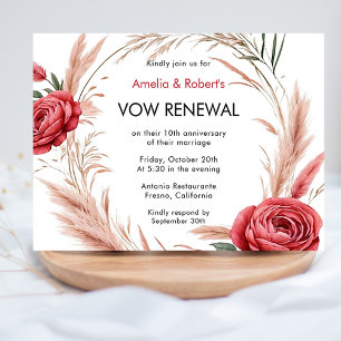 Rosa Röd ros Boho Pampas Vow Renewal Inbjudningar