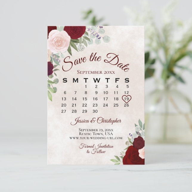 Rosa & Röd ros Elegant Boho Bröllop Kalender Spara Datumet (Stående Fram)