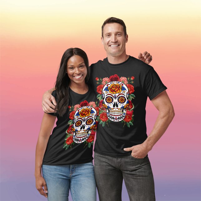 Rosa Röd ros Helgdagar Unisex T Shirt (Sugar Skull Pink Red Roses Holidays Unisex T-Shirt)