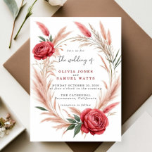 Rosa Röd ros Pampas Boho bröllopsinbjudan