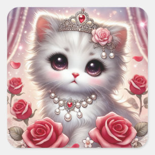 Rosa Röd ros Princess Cat Fyrkantigt Klistermärke