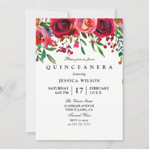 Rosa & Röd ros Quinceanera-inbjudan Inbjudningar