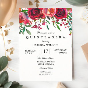 Rosa röd ros Quinceanera Sweet 15 Inbjudningar