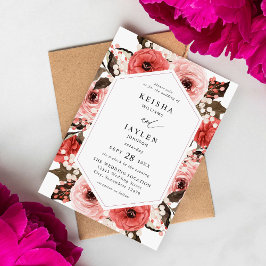 Rosa & Röd Rosa Blommigt Bröllop 2 Inbjudningar