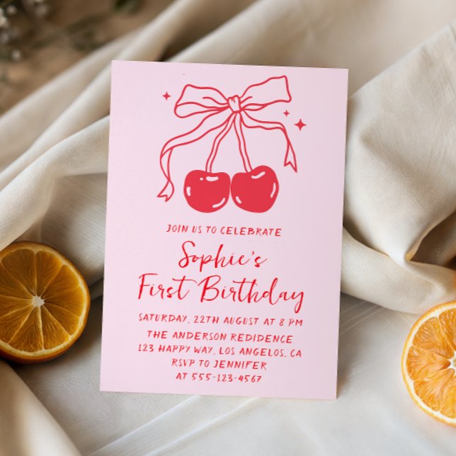 Rosa & Röd Rosett Körsbär Frukt 1-års Födelsedagsf Inbjudningar (Skapare uppladdad)