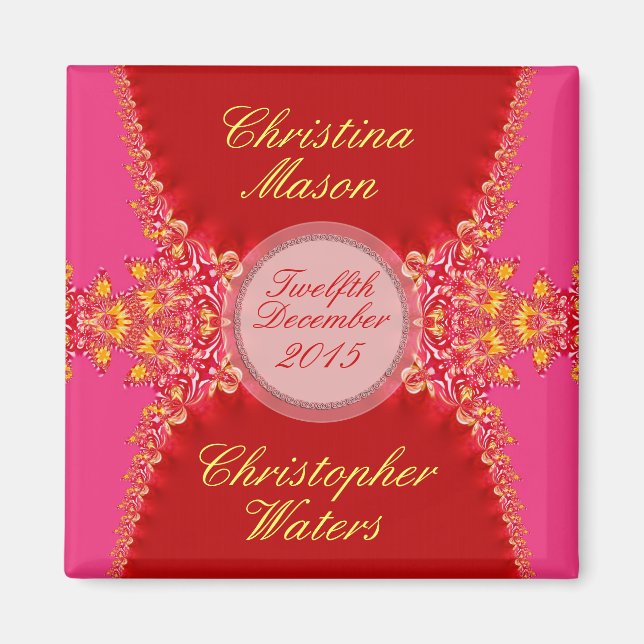 Rosa röd satin + spets bröllopspresent magnet (Framsidan)