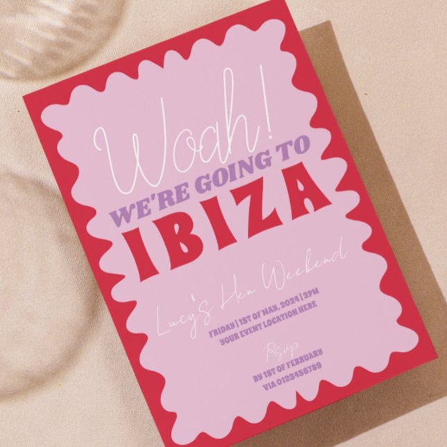 Rosa röd vågig Ibiza möhippa festinbjudan Inbjudningar (red and pink retro wavy ibiza hen do invite)