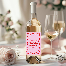 Rosa röd vågig kant födelsedagsbrunchfest vinflaska etikett