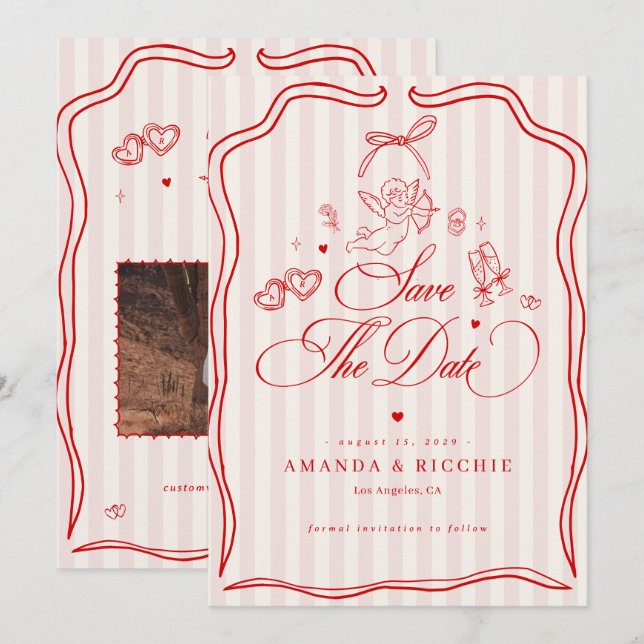 Rosa & Röd Vintage Cupid  Spara Datumet (Fram/baksida)