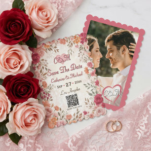 Rosa & Röd Vintage Vårblomma QR-kod Foto Spara Datumet