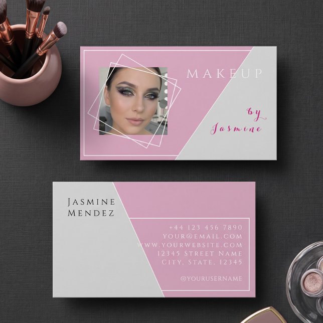 Rosa Rod Vit Geometrisk Foto Makeup  Visitkort (Skapare uppladdad)