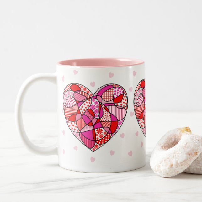 Rosa/röd/vit tredubbel doodle Mönster Heart Mugg (Med munk)
