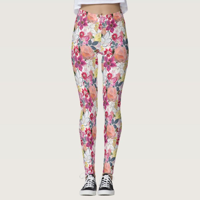Rosa, röda akvarellblommor. servetter leggings (Framsida)