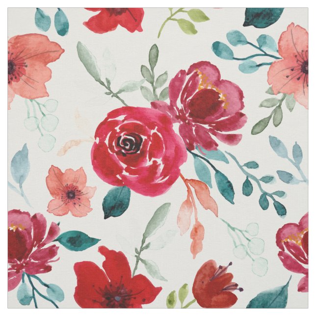 Rosa röda akvarellblommor tealblad vit tyg (Provkarta)