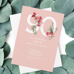 Rosa & Röda Blommiga Eleganta 90-årsfesten Inbjudningar