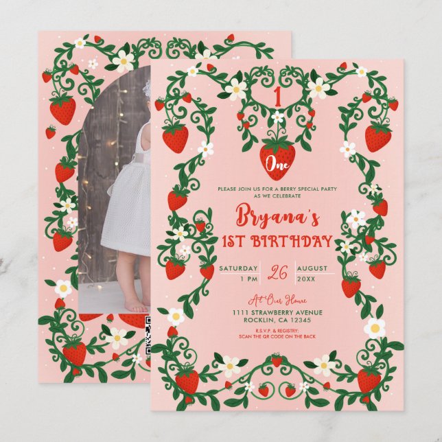 Rosa & Röda Blommiga Vinrankor Jordgubbar 1-års Fö Inbjudningar (Fram/baksida)