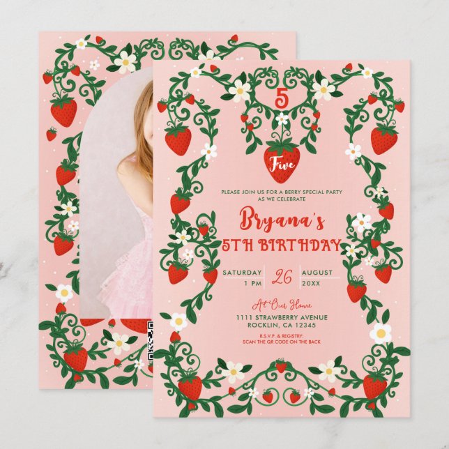Rosa & röda blommiga vinrankor Jordgubbsfest Inbjudningar (Fram/baksida)