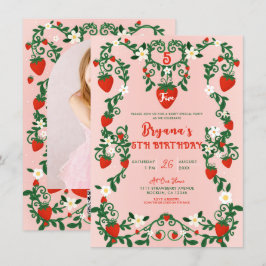 Rosa & röda blommiga vinrankor Jordgubbsfest Inbjudningar
