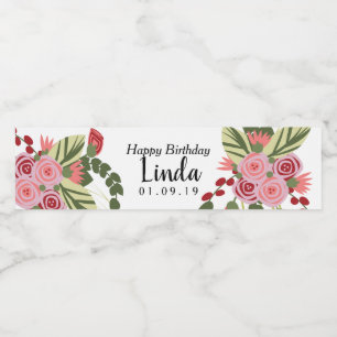Rosa röda blommor Glad födelsedag Vattenflaskor Etikett