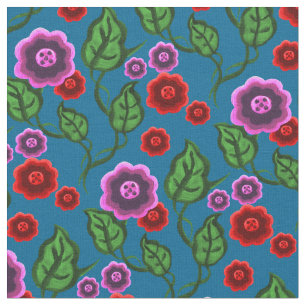 Rosa/röda blommor/gröntlöv/Folk blommigt/blått Tyg