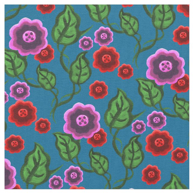 Rosa/röda blommor/gröntlöv/Folk blommigt/blått Tyg (Närbild)