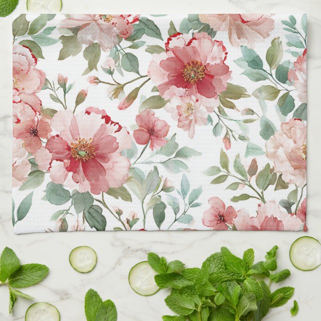 Rosa röda blommor kökshandduk (Vikta)