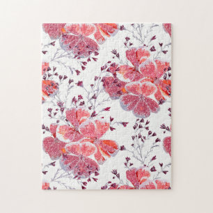 Rosa-röda blommor på vitt. pussel
