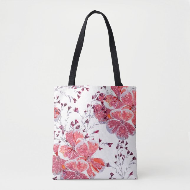 Rosa-röda blommor på vitt. tygkasse (Framsida)