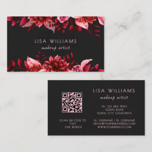 Rosa röda blommor svarta akvarellblommor l QR-kod Visitkort
