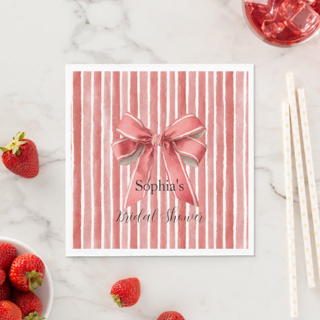 Rosa röda candy cane-ränder Bow Bröllopsdusch Pappersservett (Insitu)