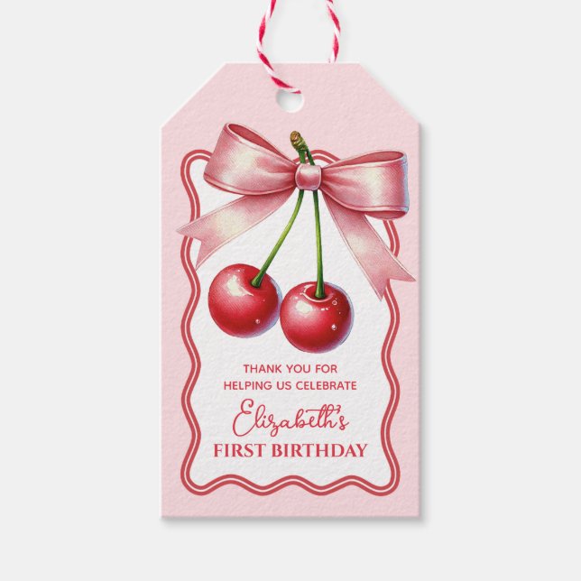 Rosa röda Coquette Körsbär Första 1:a födelsedagen Presentetikett (Framsidan)