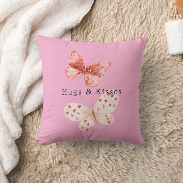 Rosa Röda Fjärilar Kramar Kyssar Kudde (Filt)