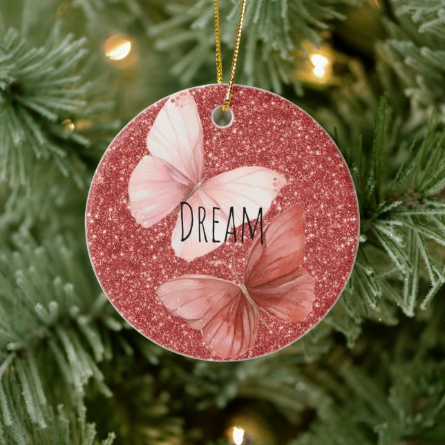 Rosa röda glitterfjärilar jul julgransprydnad keramik (Träd)
