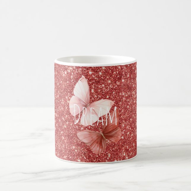 Rosa Röda Glittrande Fjärilar Kaffemugg (Center)