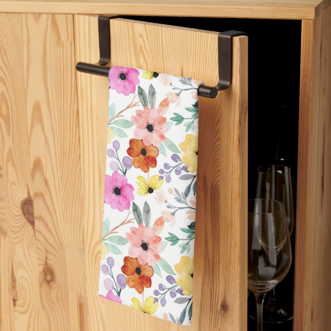 Rosa, Röda, Gula Blommor Blommig Akvarell  Kökshandduk (Thirds Fold)