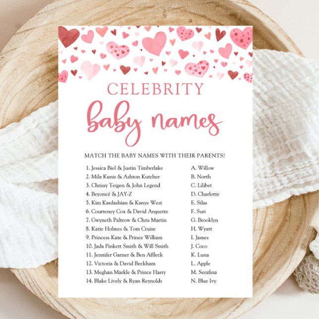 Rosa röda hjärtan Alla hjärtans dag Kändis Babynam Inbjudningar (Watercolor Pink Red Hearts Valentine Little Sweetheart Girl Celebrity Baby Names Baby Shower Game)