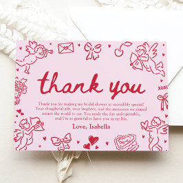 Rosa röda hjärtan handritad bröllopsfest för bruda tack kort