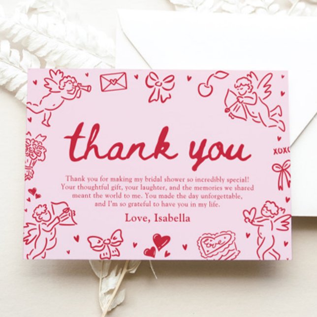 Rosa röda hjärtan handritade bröllopsdusch för äls tack kort (Hand Drawn Valentine Bridal Shower Thank You Card)