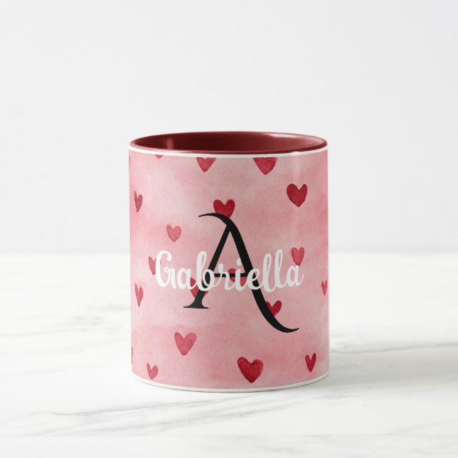 Rosa röda hjärtan monogramnamn mugg (Center)