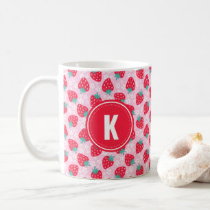 Rosa röda jordgubbar Blommig  Mönster Monogram Kaffemugg