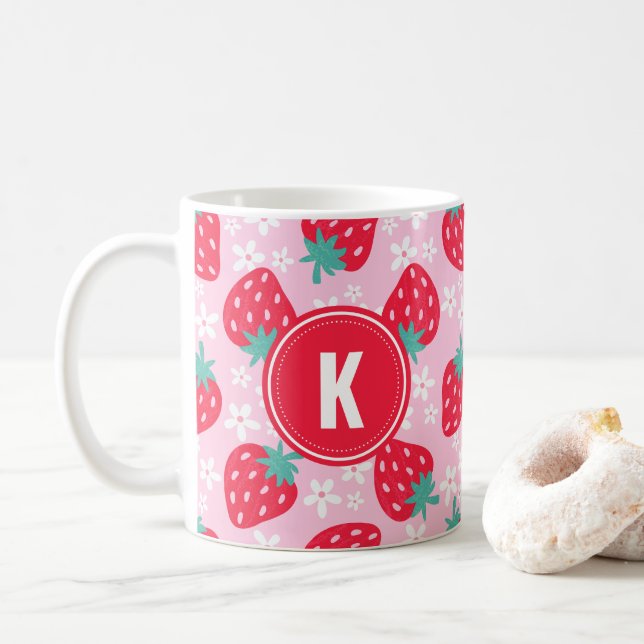Rosa röda jordgubbar Blommig  Mönster Monogram Kaffemugg (Med munk)